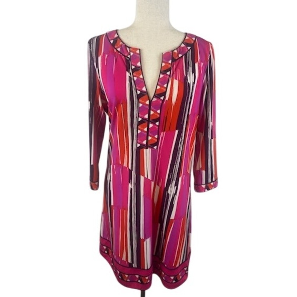 BCBGMAXAZRIA Dress Pink Purple Orange Abstract Print 3/4 Sleeve Size Medium